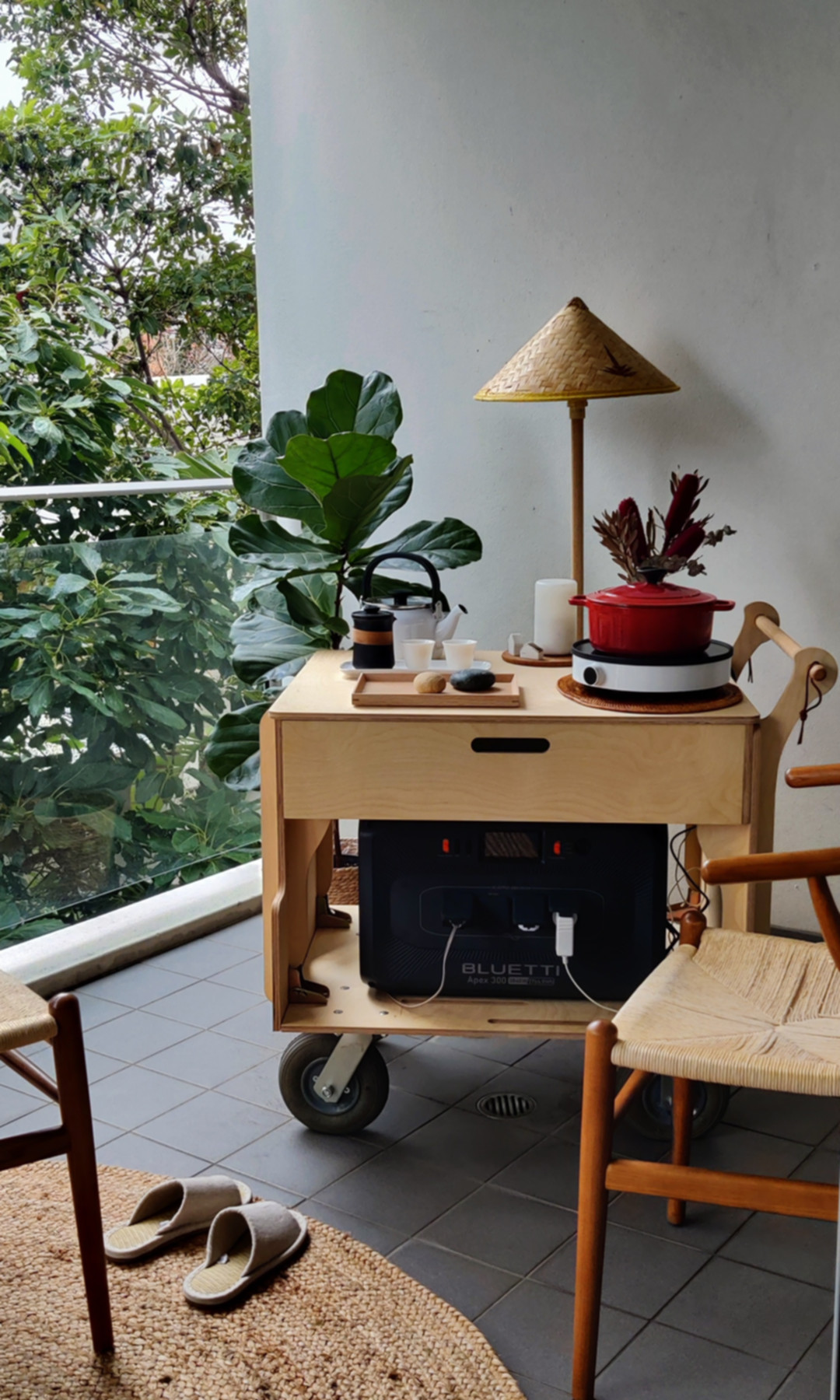 An all-electric lunch stew prepared on a balcony
